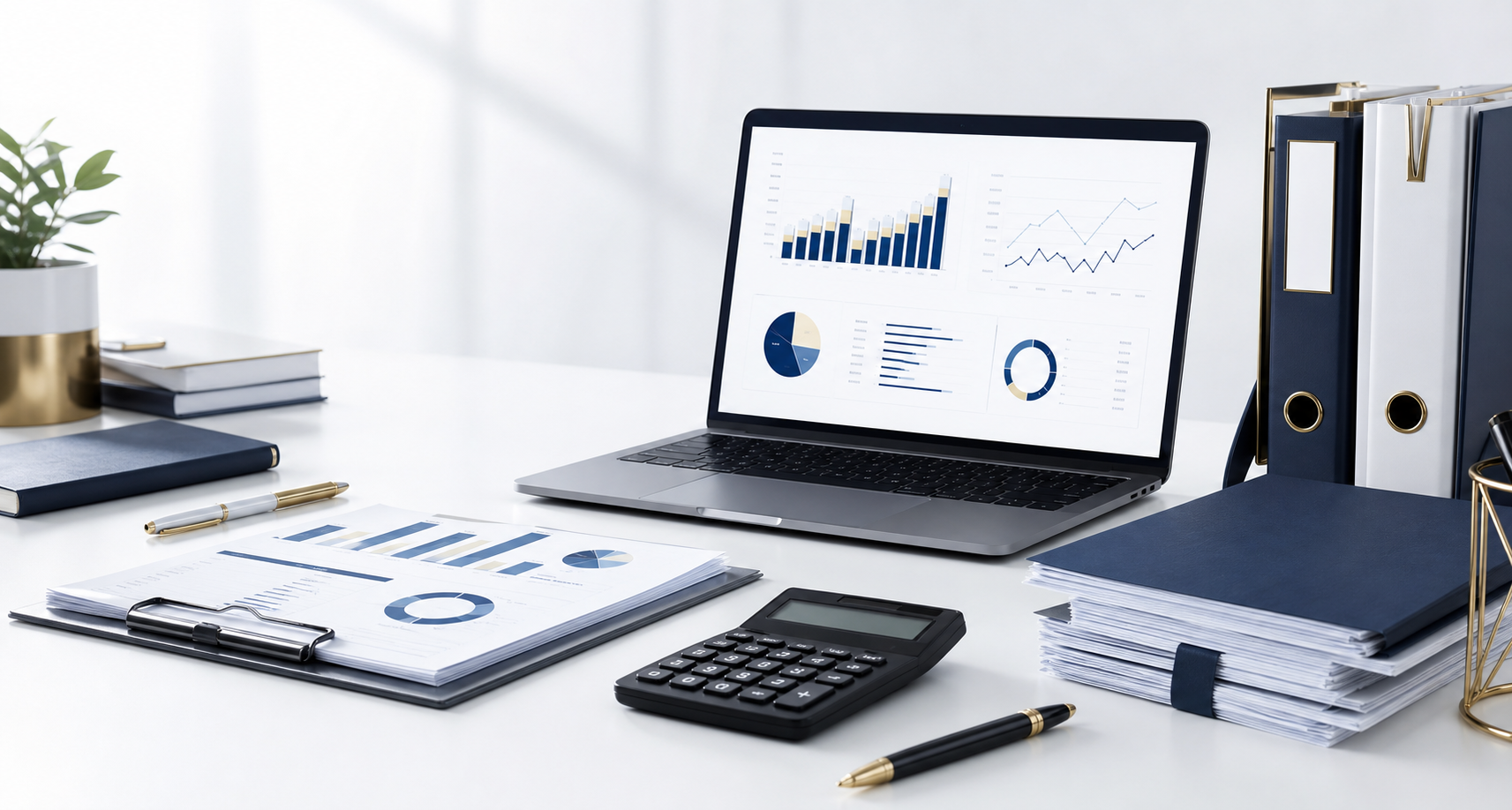 Professional accounting desk with laptop charts, calculator and tax documents